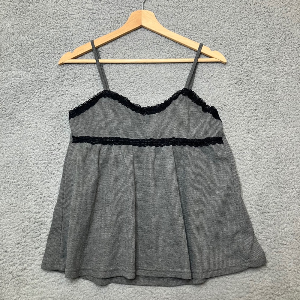 Y2K Romwe Babydoll Tank Top Women M Grey Waffle Knit Black Lace Fairycore Cami